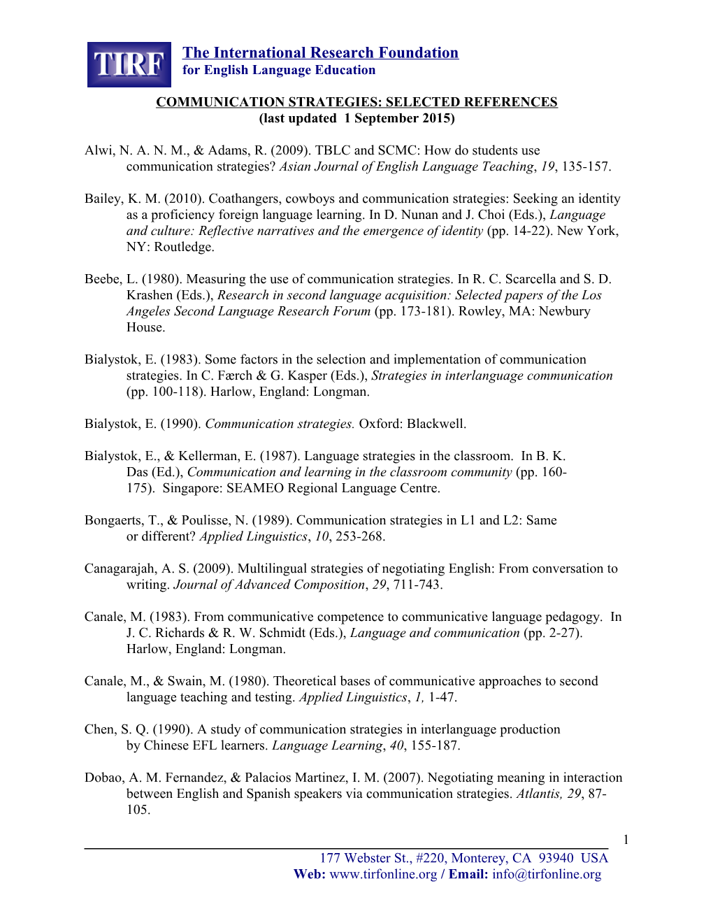 Communication Strategies: Selected References