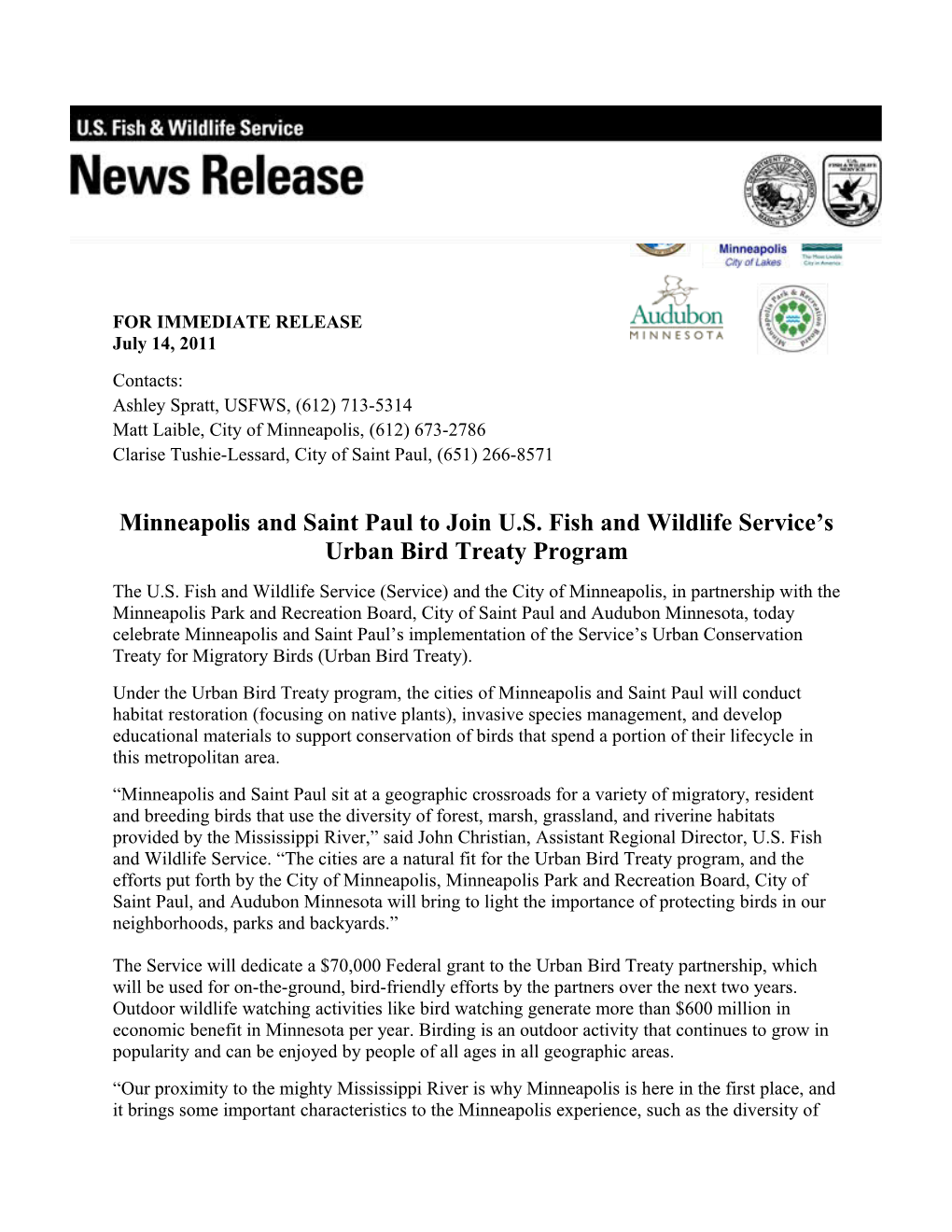 Minneapolis and Saint Paul to Join U.S. Fish and Wildlife Service S Urban Bird Treaty Program