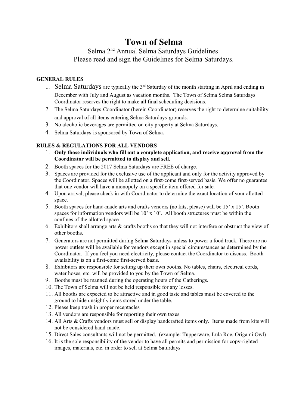 Selma 2Nd Annual Selma Saturdays Guidelines Please Read and Sign the Guidelines for Selma