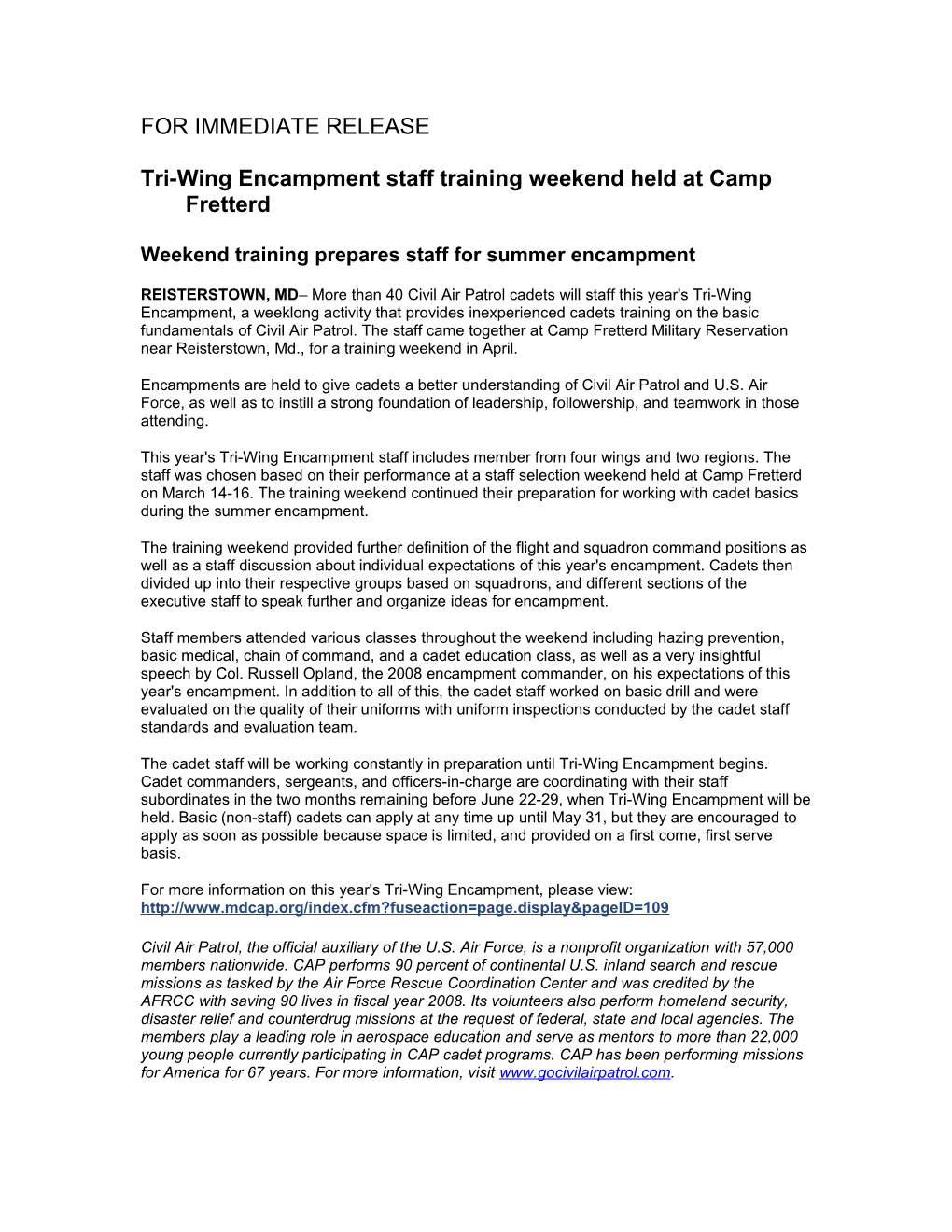 Tri-Wing Encampment Staff Training Weekend Held at Camp Fretterd