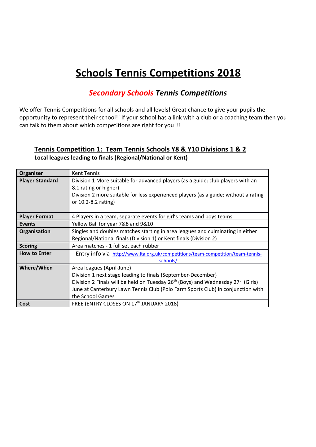 Secondary Schools Tennis Competitions