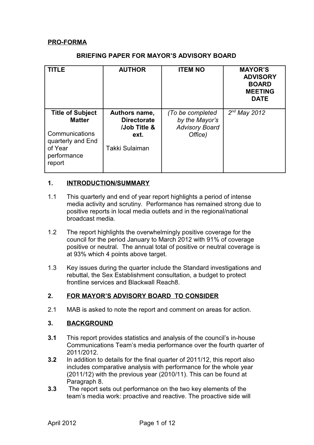 Communications Quarterly Performance Report 2011/2012: Quarter Four and End of Year Report