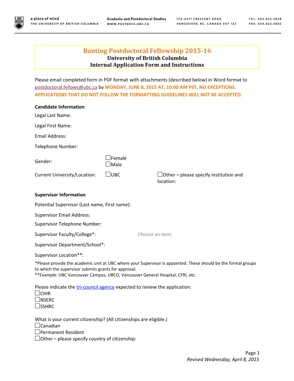 Banting Postdoctoral Fellowship 2015-16