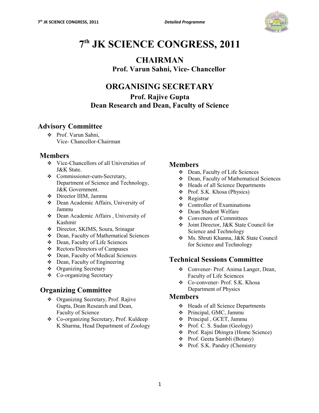 7Th JK SCIENCE CONGRESS, 2011 Detailed Programme