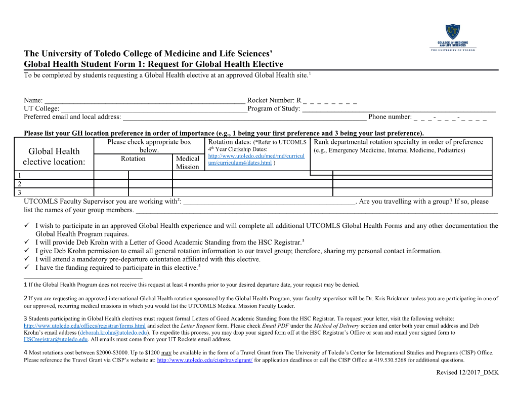 To Be Completed by Students Requesting a Global Health Elective at an Approved Global Health