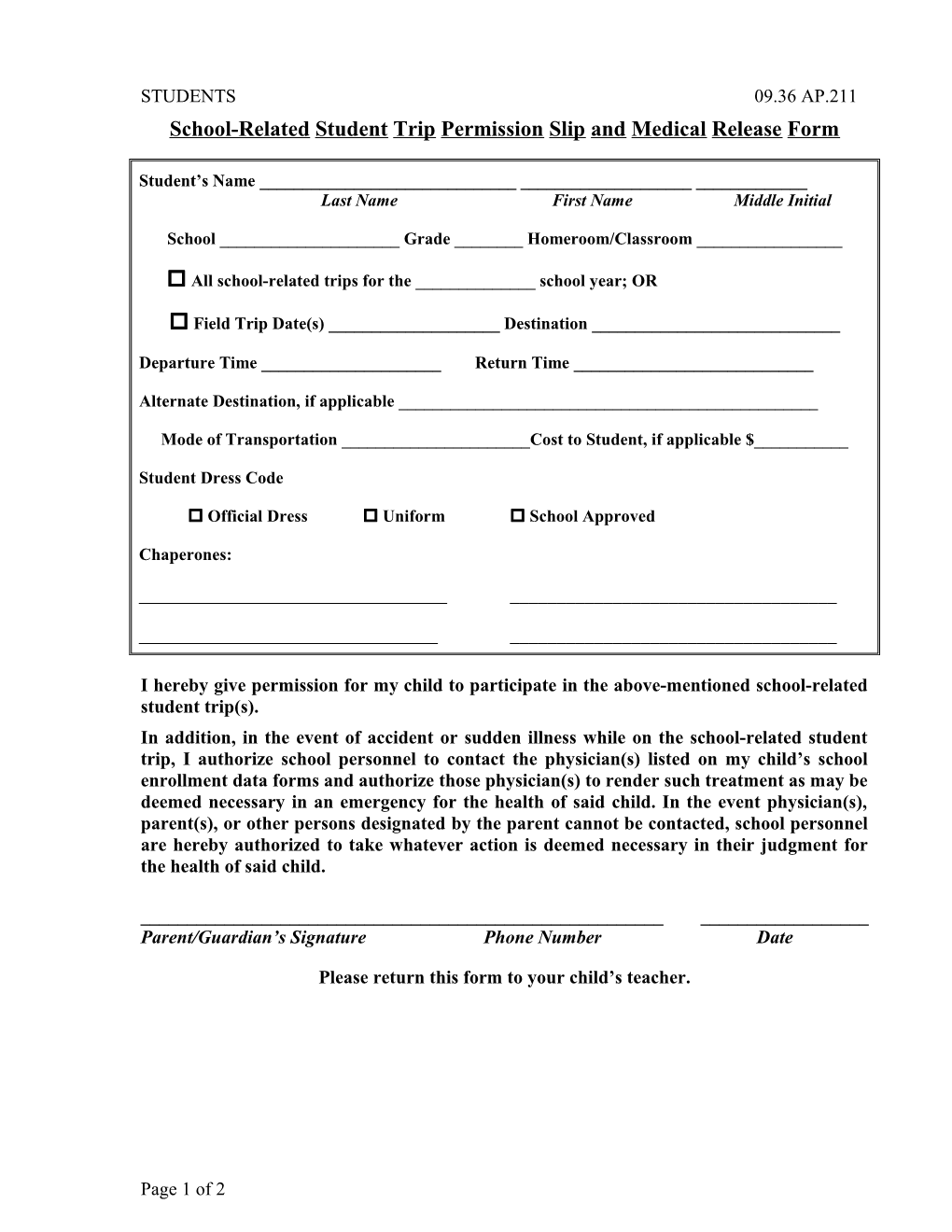 School-Related Student Trip Permission Slip and Medical Release Form