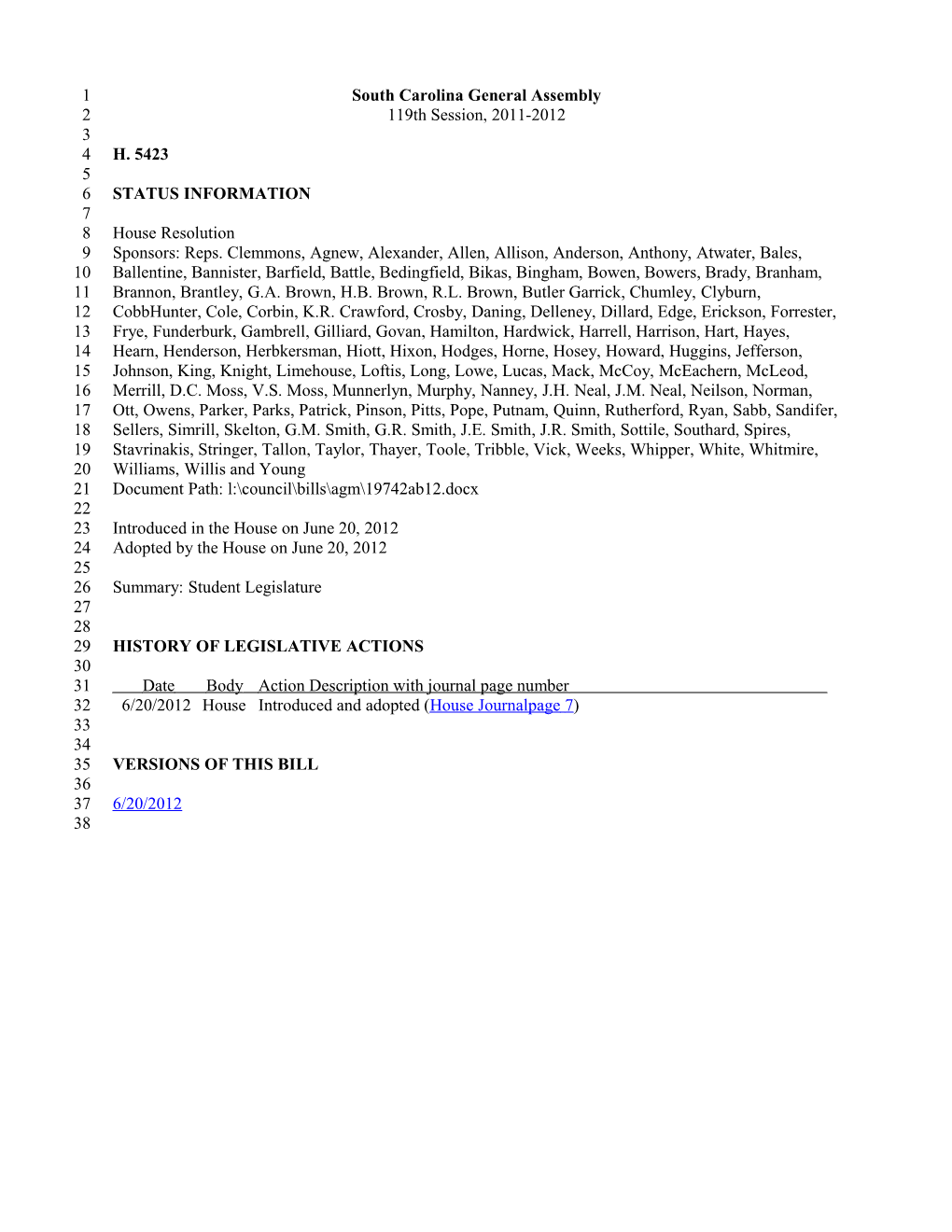 2011-2012 Bill 5423: Student Legislature - South Carolina Legislature Online