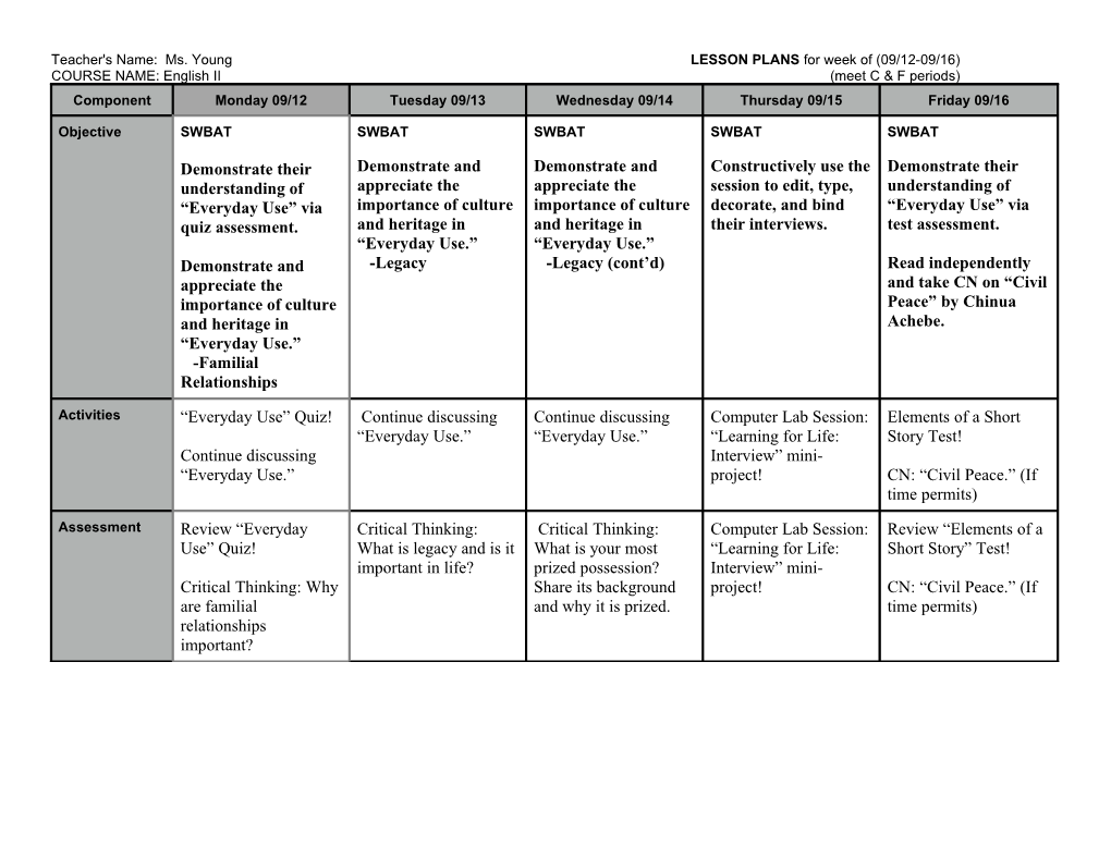 Teacher's Name: Ms. Young LESSON PLANS for Week of (09/12-09/16)