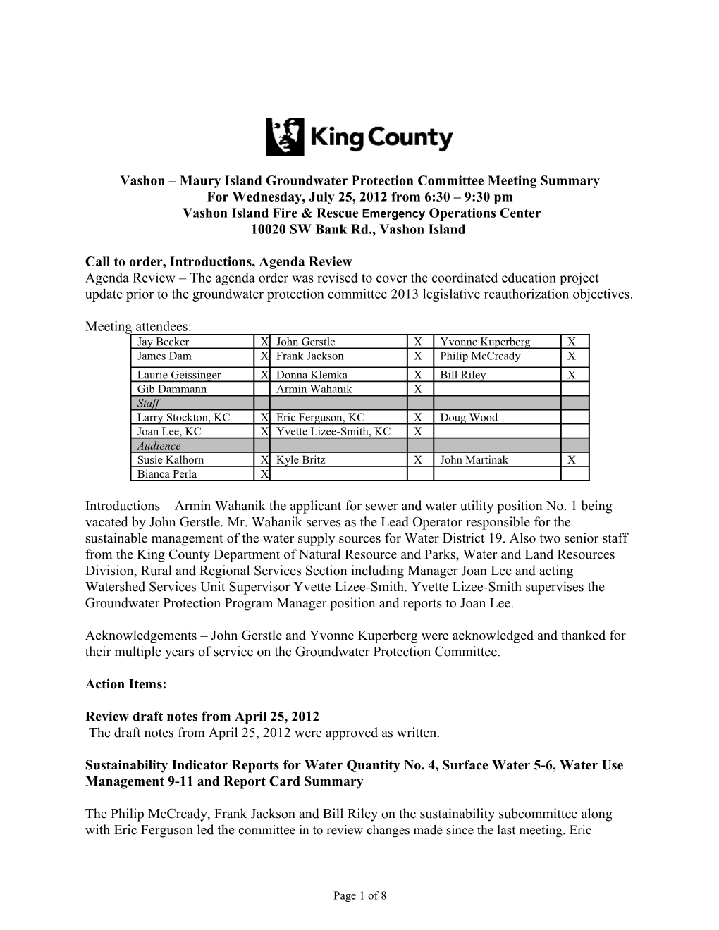 Vashon Maury Island Groundwater Protection Committeemeeting Summary