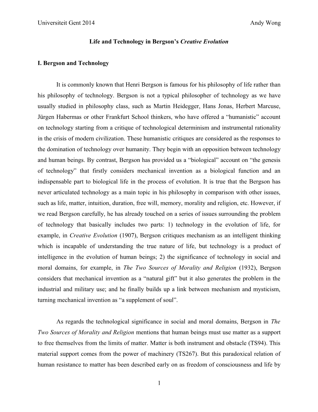 Life and Technology in Bergson S Creative Evolution