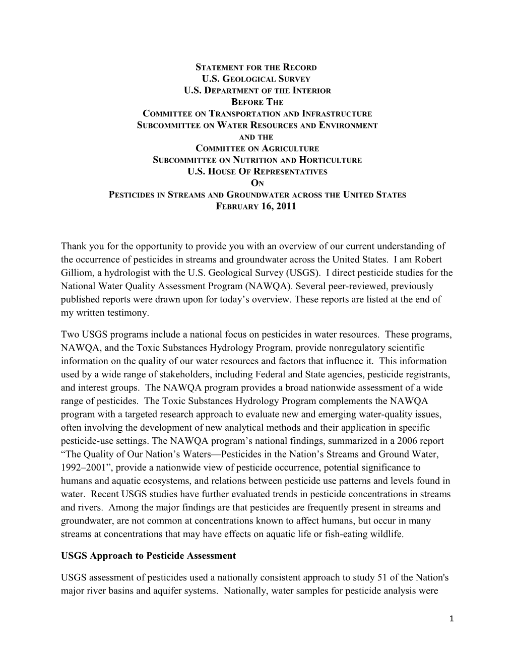 USGS Approach to Pesticide Assessment