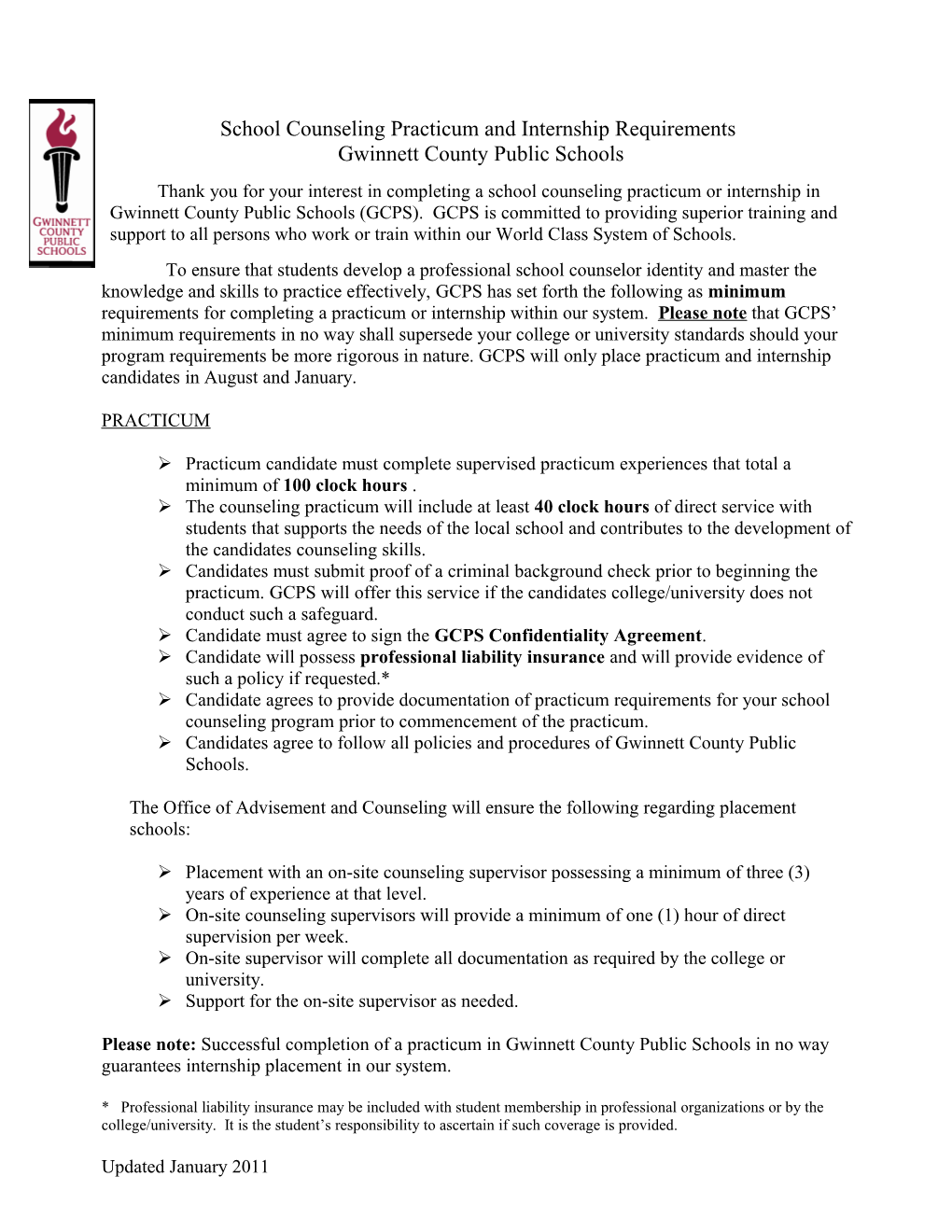 School Counseling Practicum and Internship Requirements