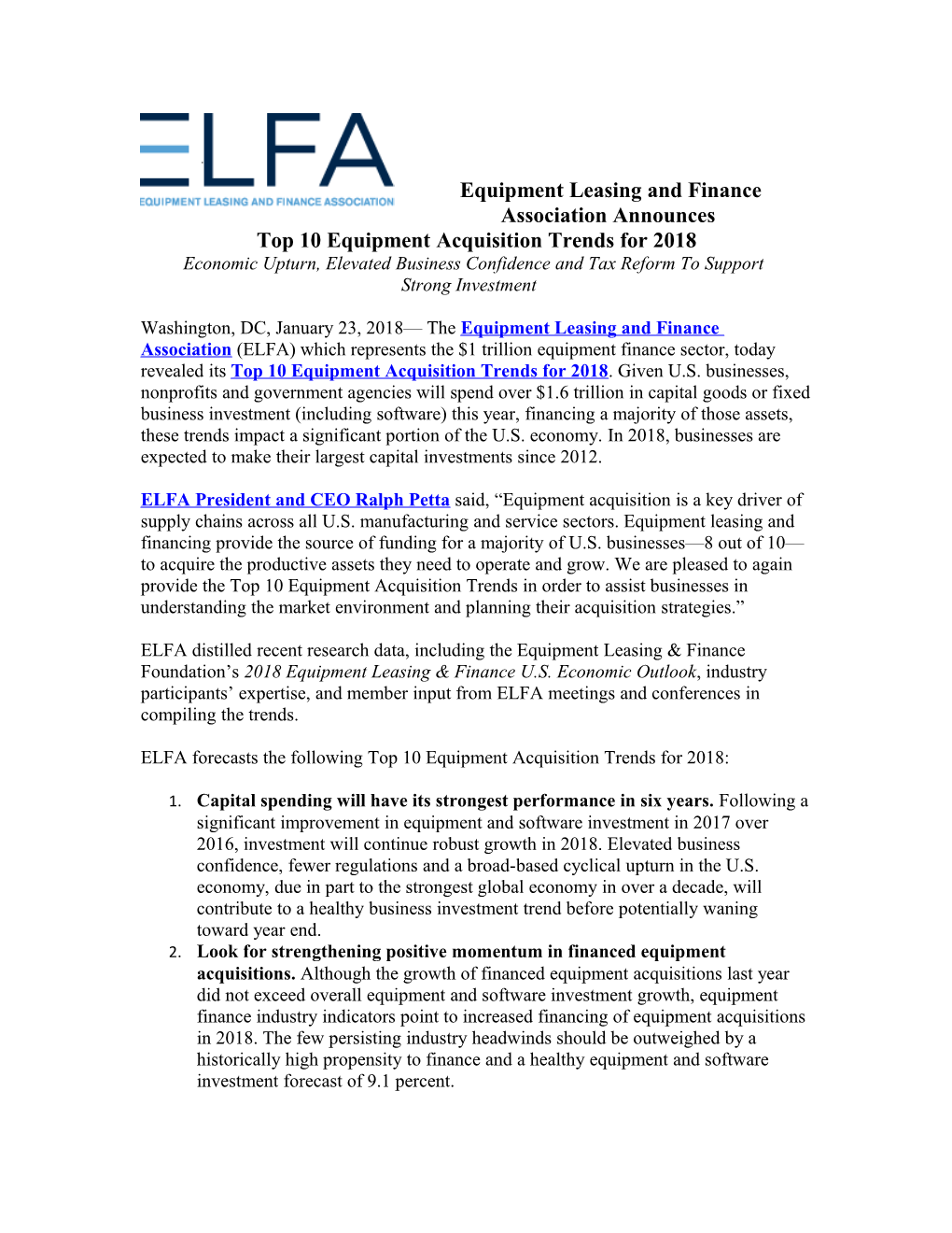 Equipment Leasing and Finance Association Announces