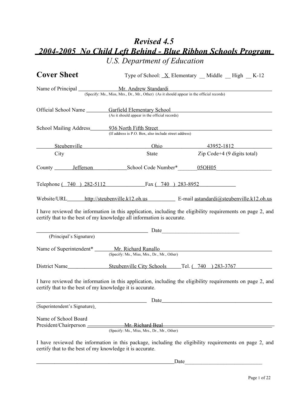 Garfield Elementary School Application: 2004-2005, No Child Left Behind - Blue Ribbon Schools