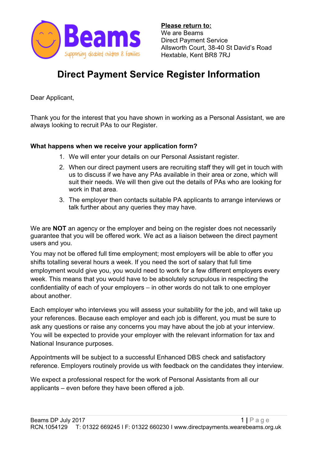 Direct Payment Service Register Information