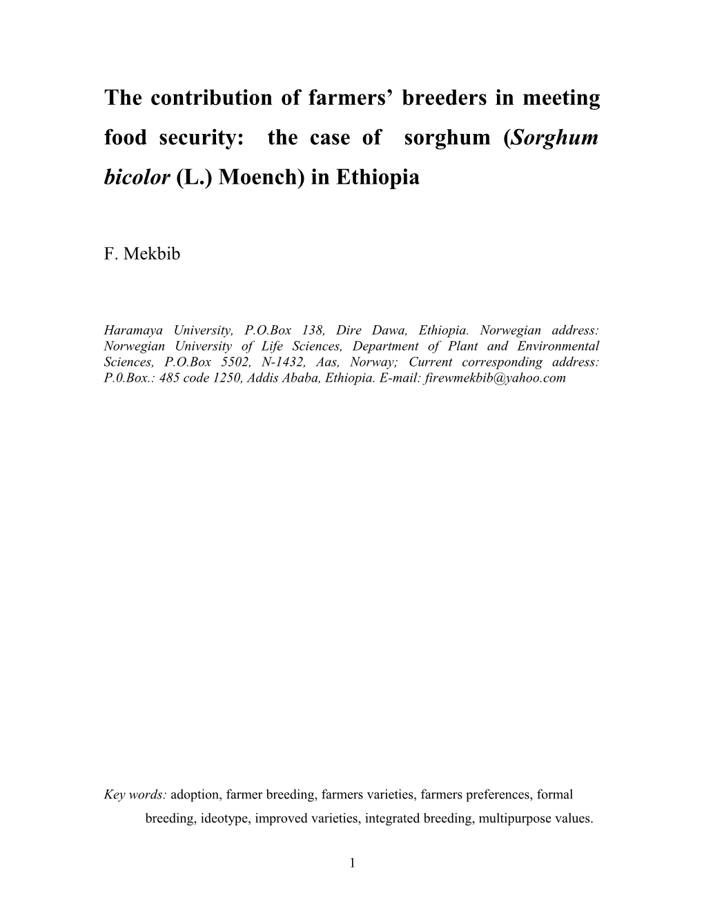 The Contribution of Farmers Breeders in Meeting Food Security: the Case of Sorghum (Sorghum