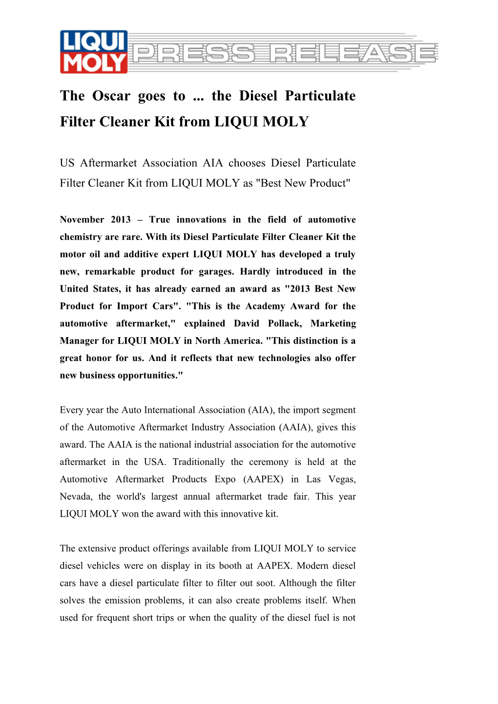 The Oscar Goes to the Diesel Particulate Filter Cleaner Kit from LIQUI MOLY