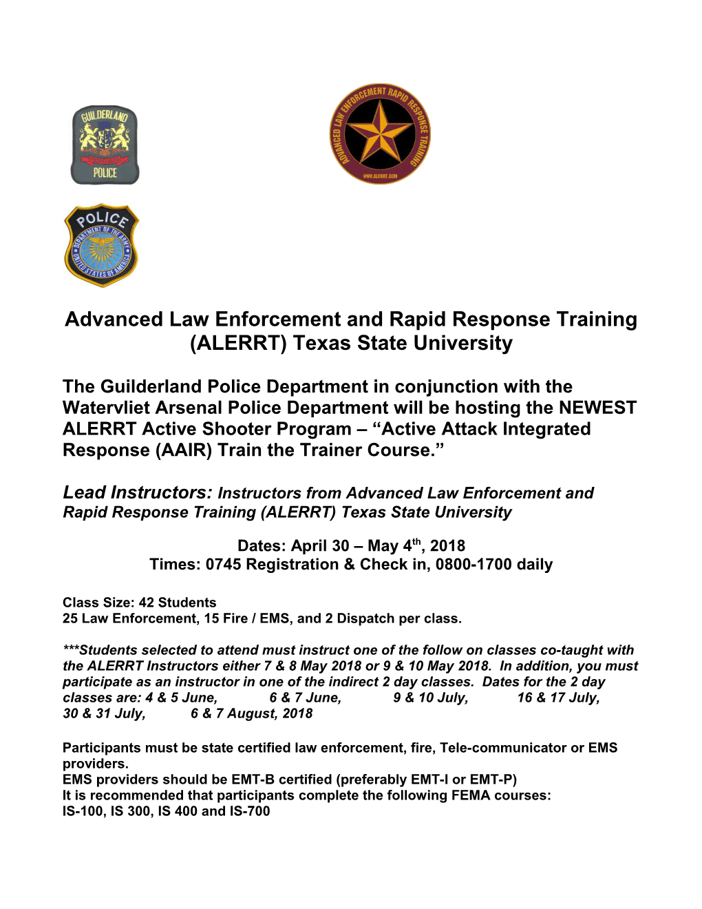 Advanced Law Enforcement and Rapid Response Training (ALERRT) Texas State University