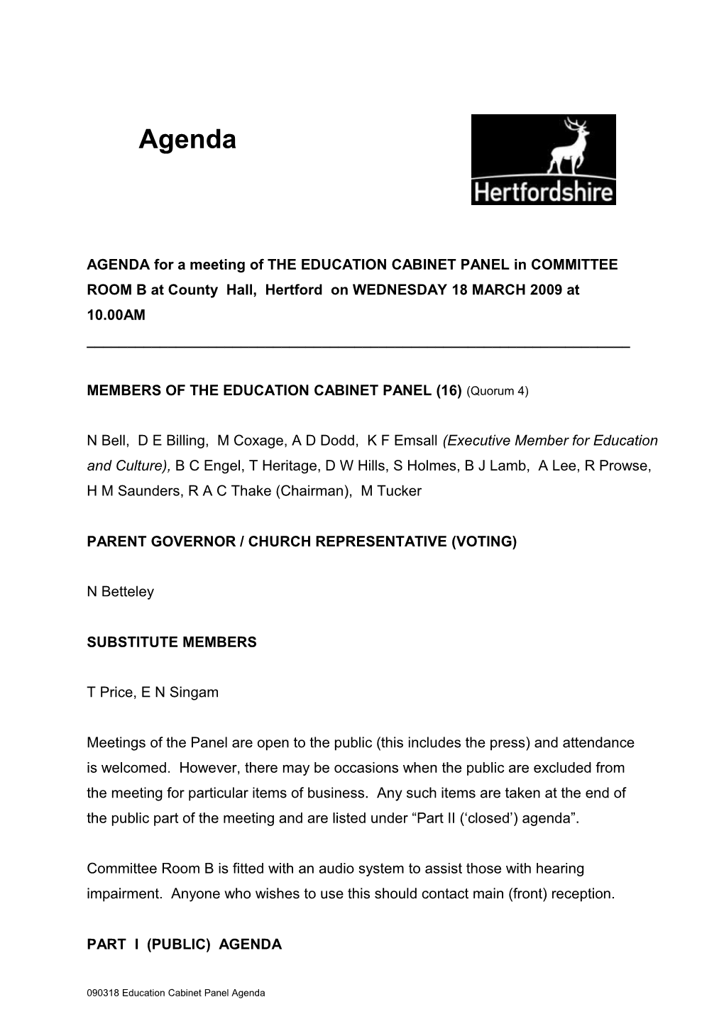 Agenda for a Meeting of the Education Cabinet Panel to Be Held on Wednesday 18 March 2009