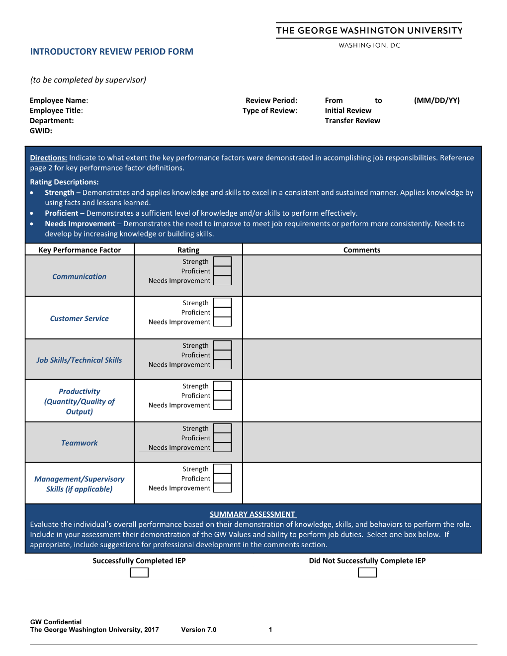 INTRODUCTORY REVIEW PERIOD FORM (To Be Completed by Supervisor)