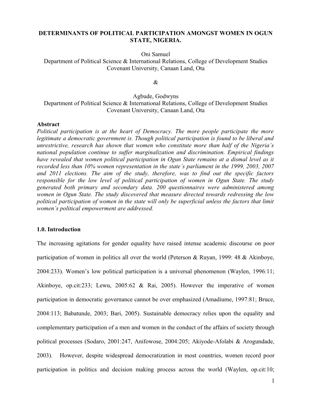 Determinants of Political Participation Amongst Women in Ogun State, Nigeria