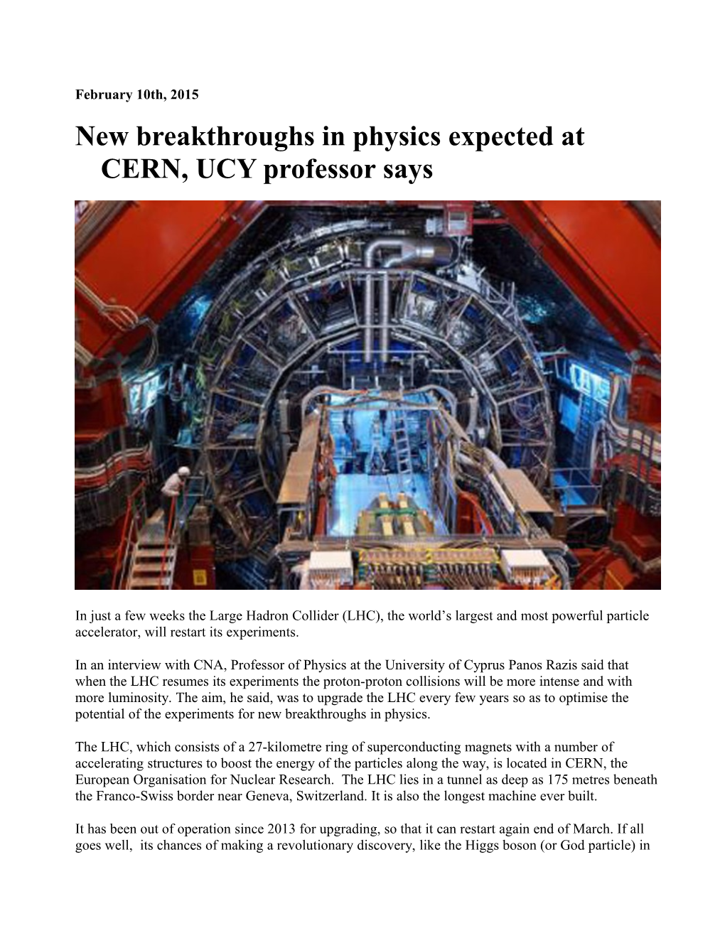 New Breakthroughs in Physics Expected at CERN, UCY Professor Says