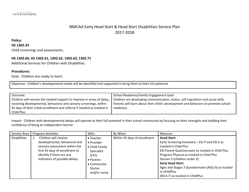 NMCAA Early Head Start &Head Start Disabilitiesservice Plan