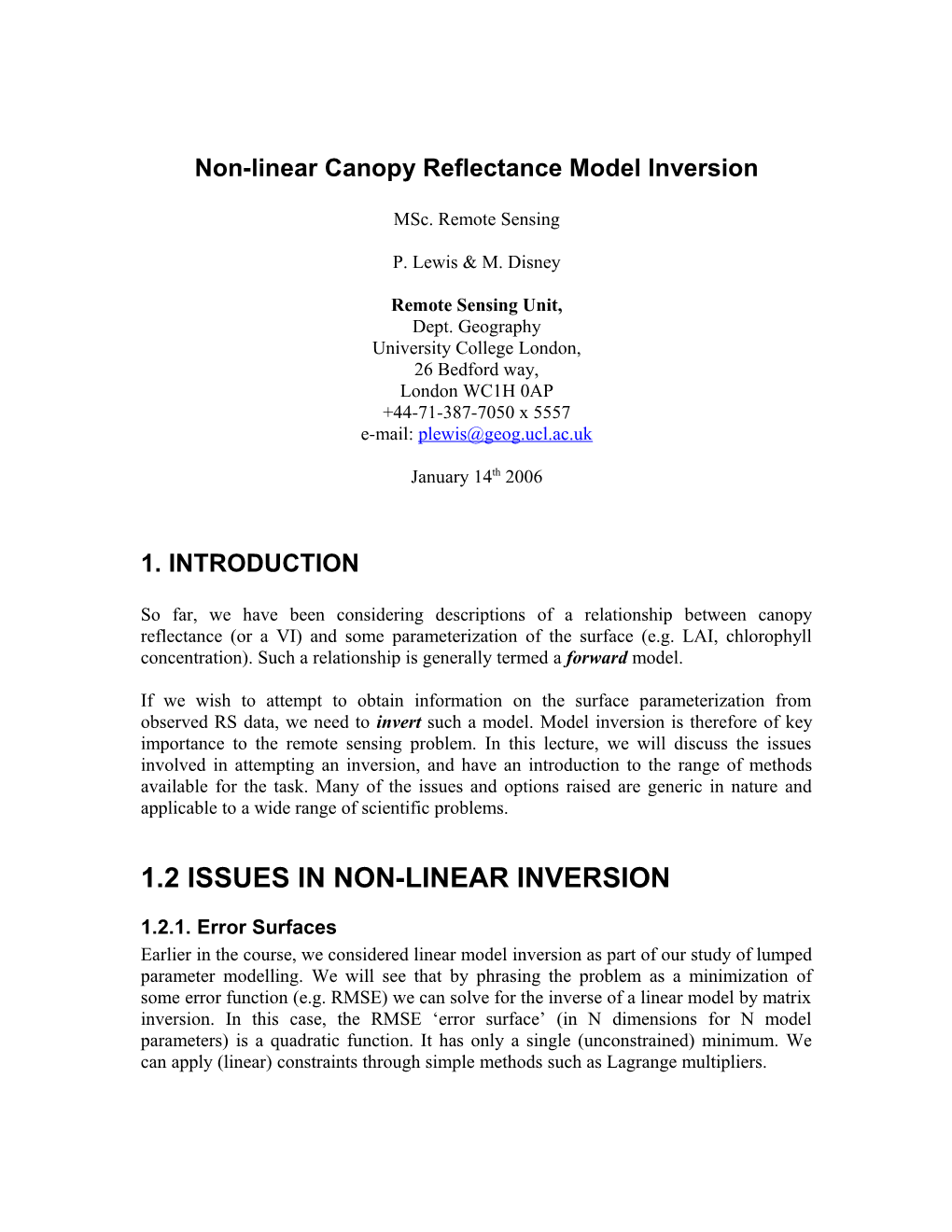 Non-Linear Canopy Reflectance Model Inversion
