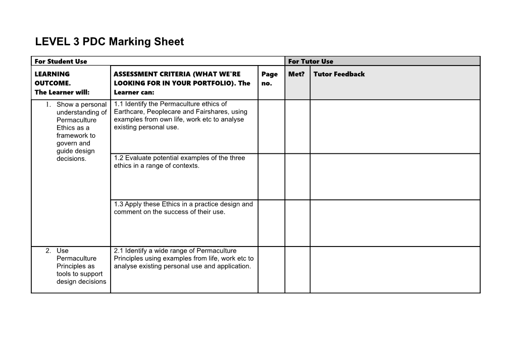 LEVEL 3 PDC Marking Sheet