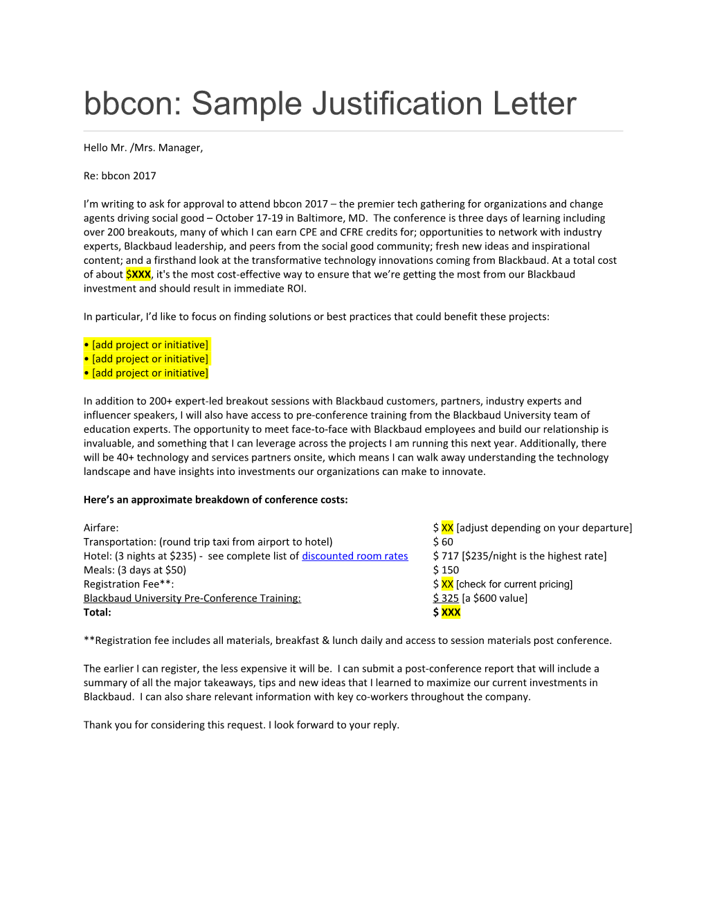 Bbcon: Sample Justification Letter