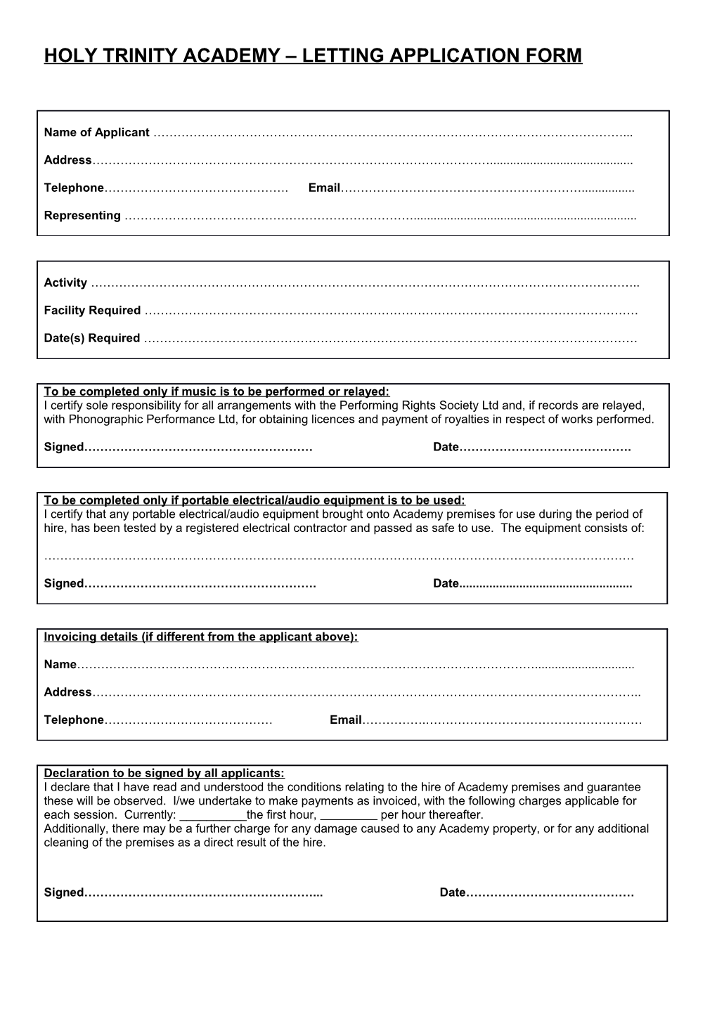 Holy Trinity Academy Letting Application Form