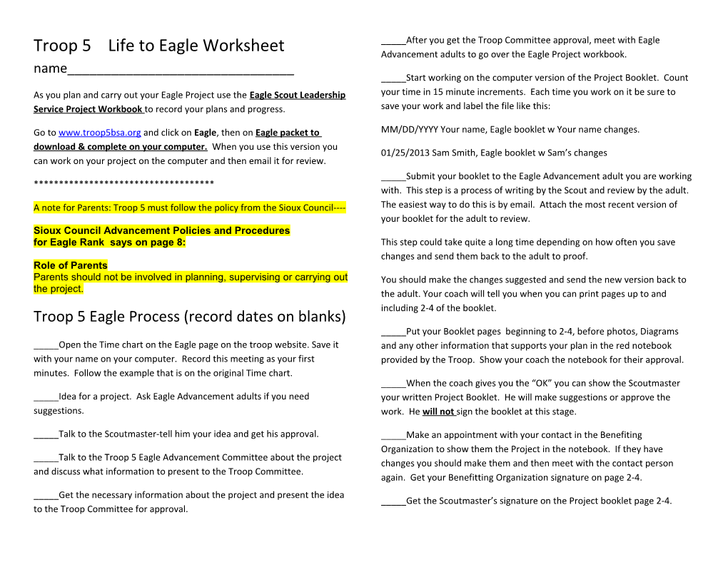 Troop 5 Life to Eagle Worksheet Name______