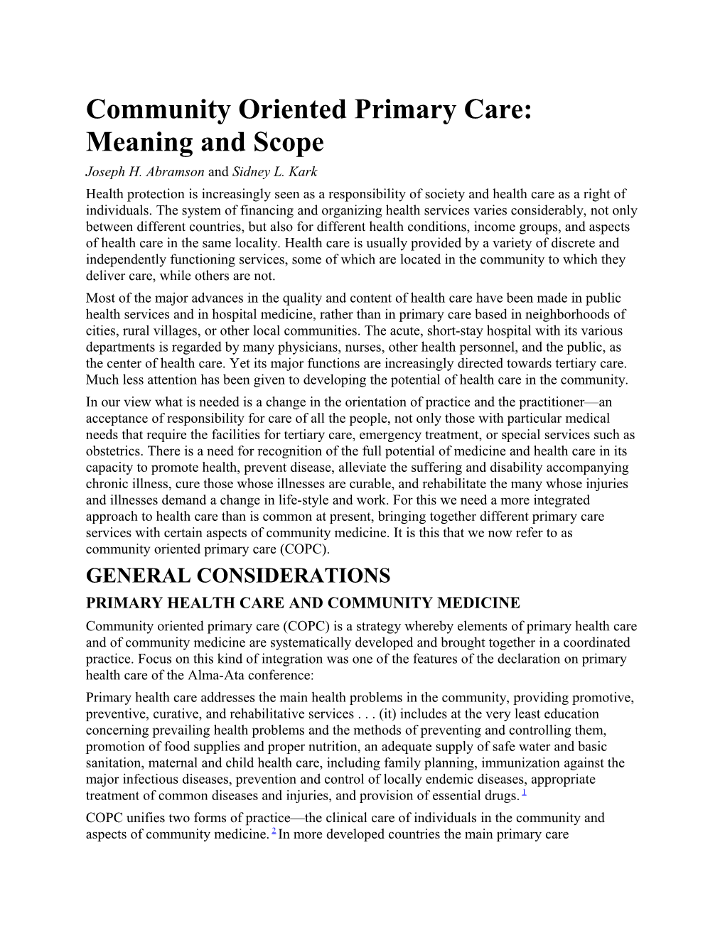 Community Oriented Primary Care: Meaning and Scope