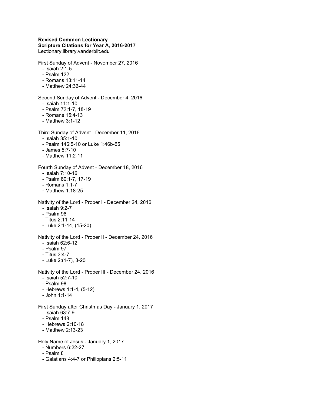 Scripture Citations for Year A, 2016-2017