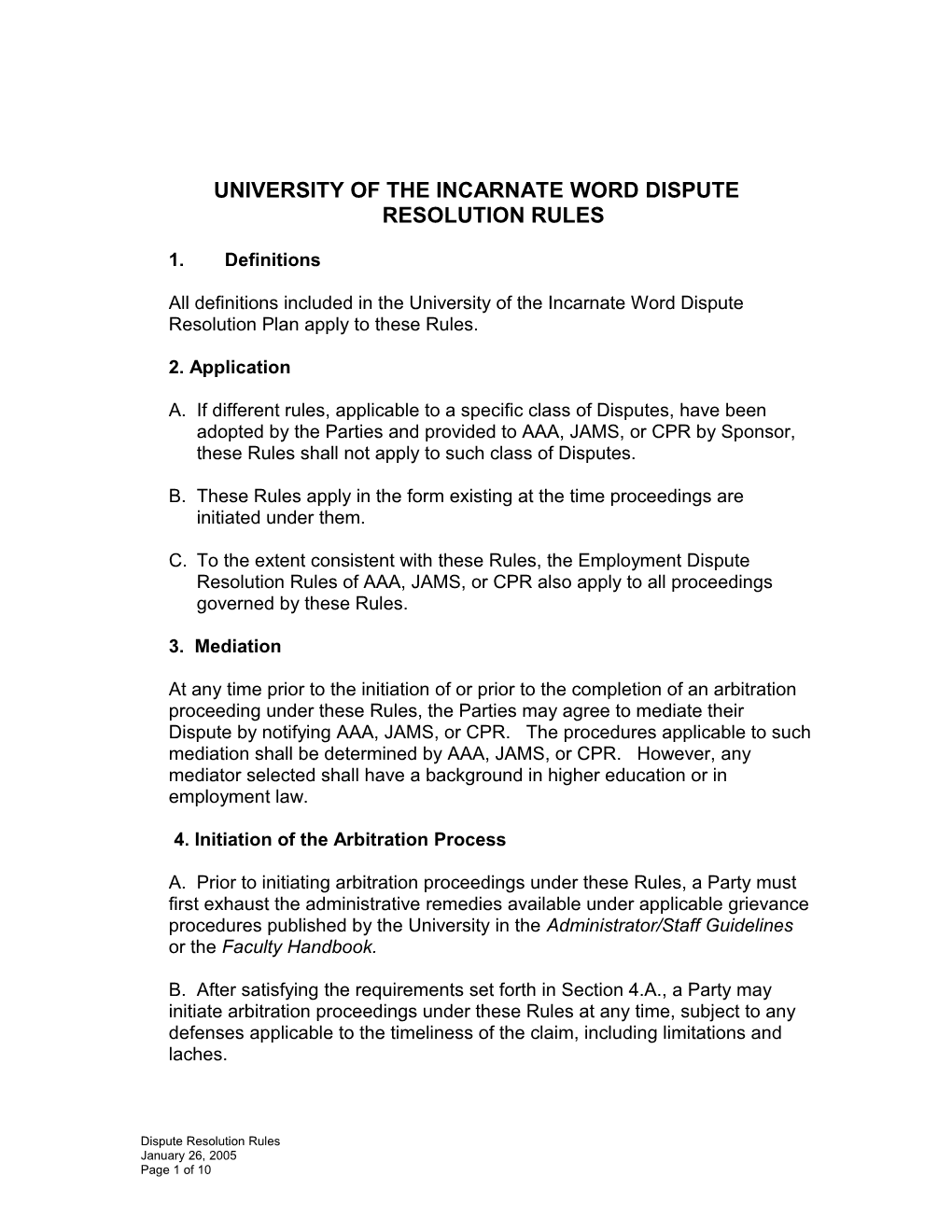 University of the Incarnate Word Dispute Resolution Rules