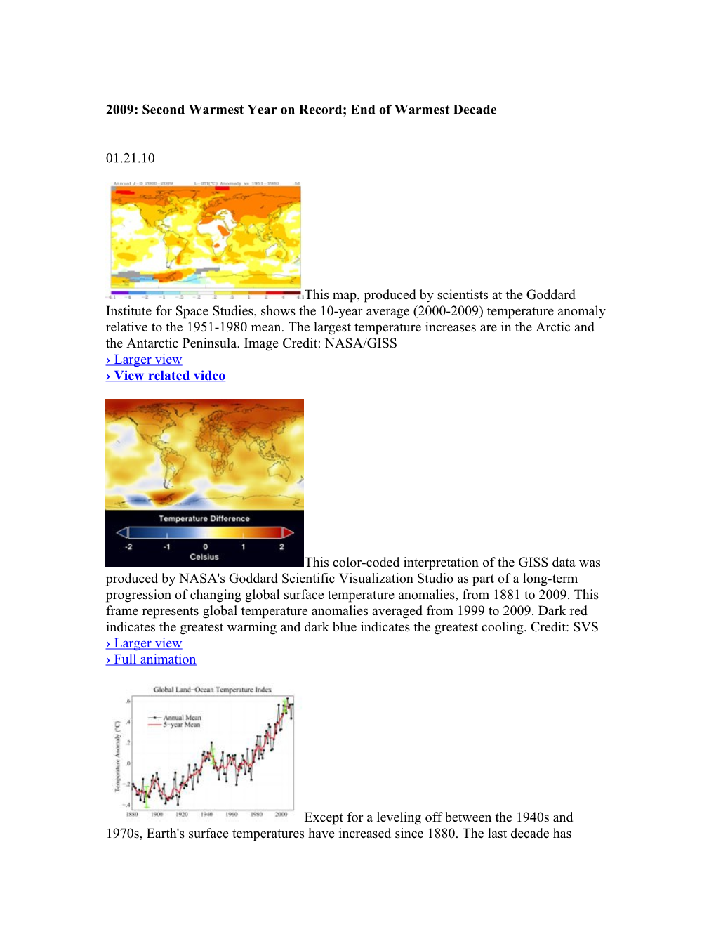 2009: Second Warmest Year on Record; End of Warmest Decade