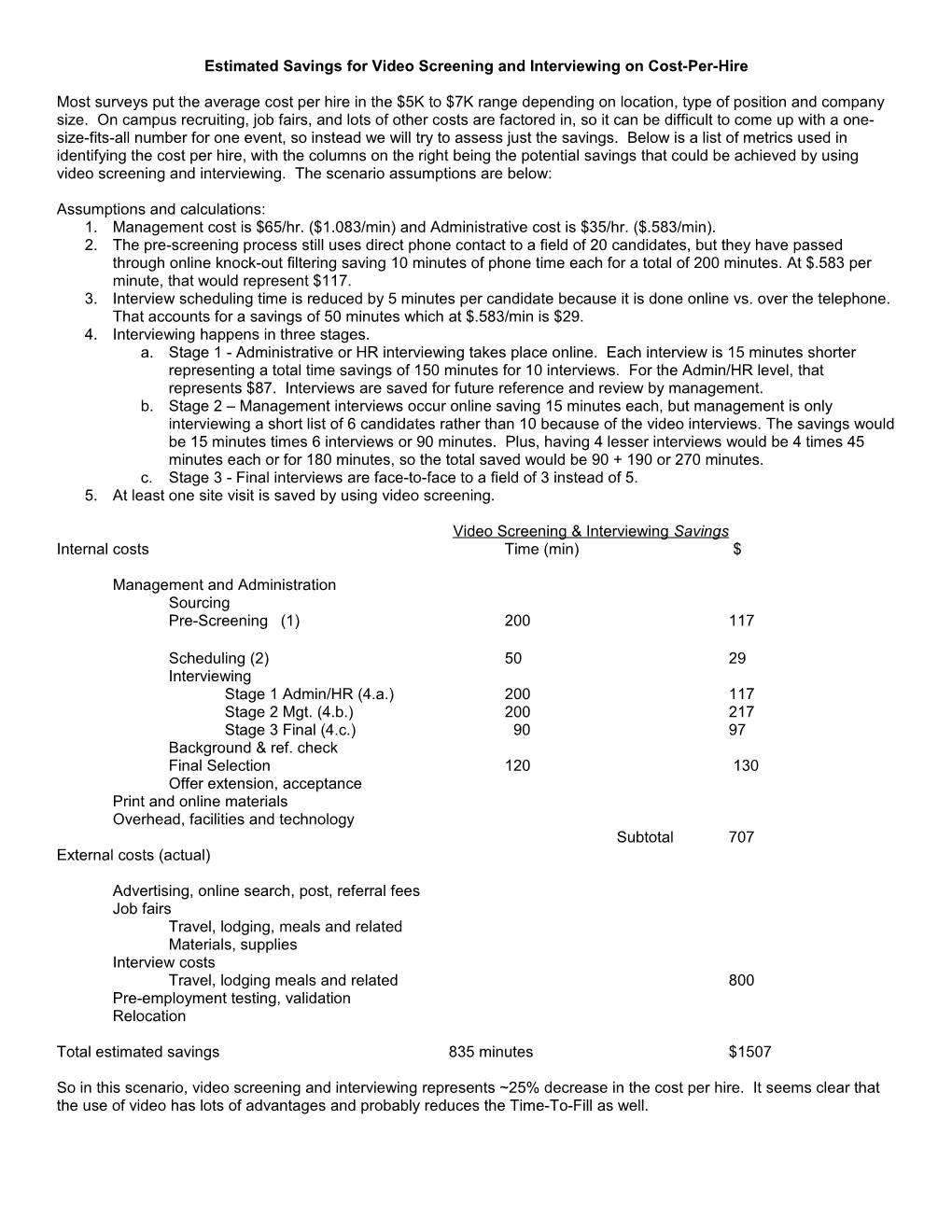 Estimated Savingsfor Video Screening and Interviewing on Cost-Per-Hire