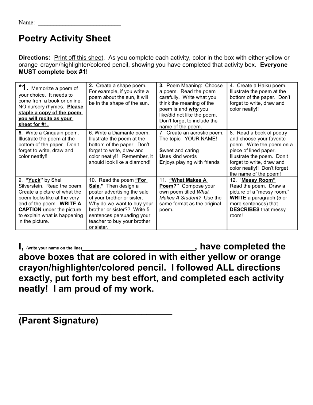 Poetry Activity Sheet