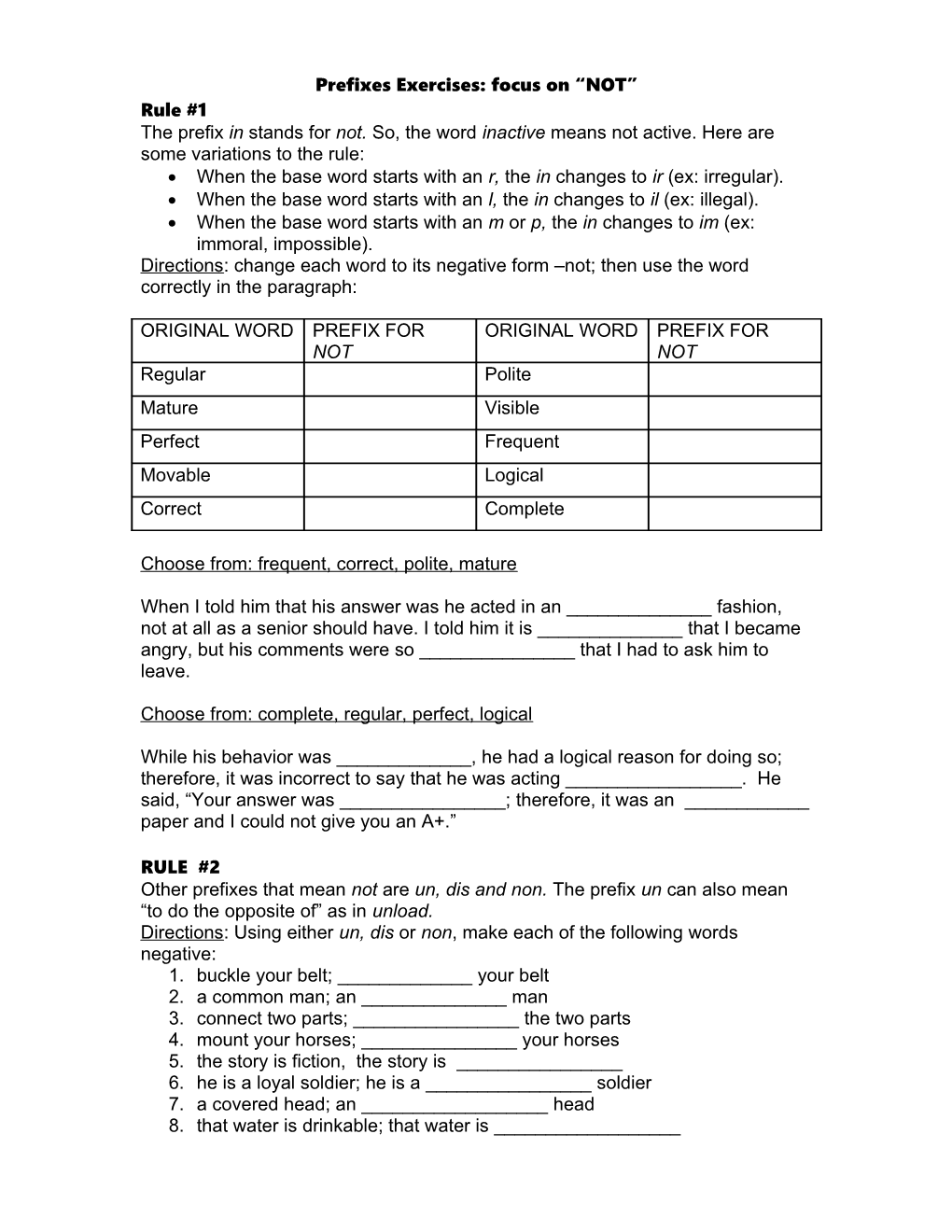 Prefixes Exercises: Focus on NOT