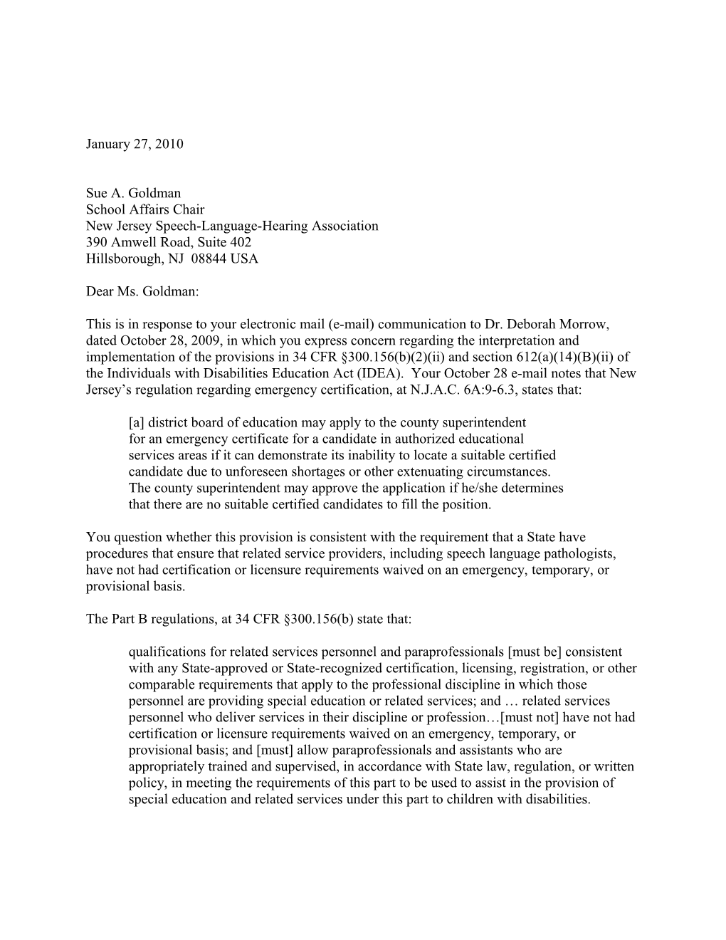 Goldman Letter Dated 01/27/10 Re: Personnel Qualifications (MS Word)