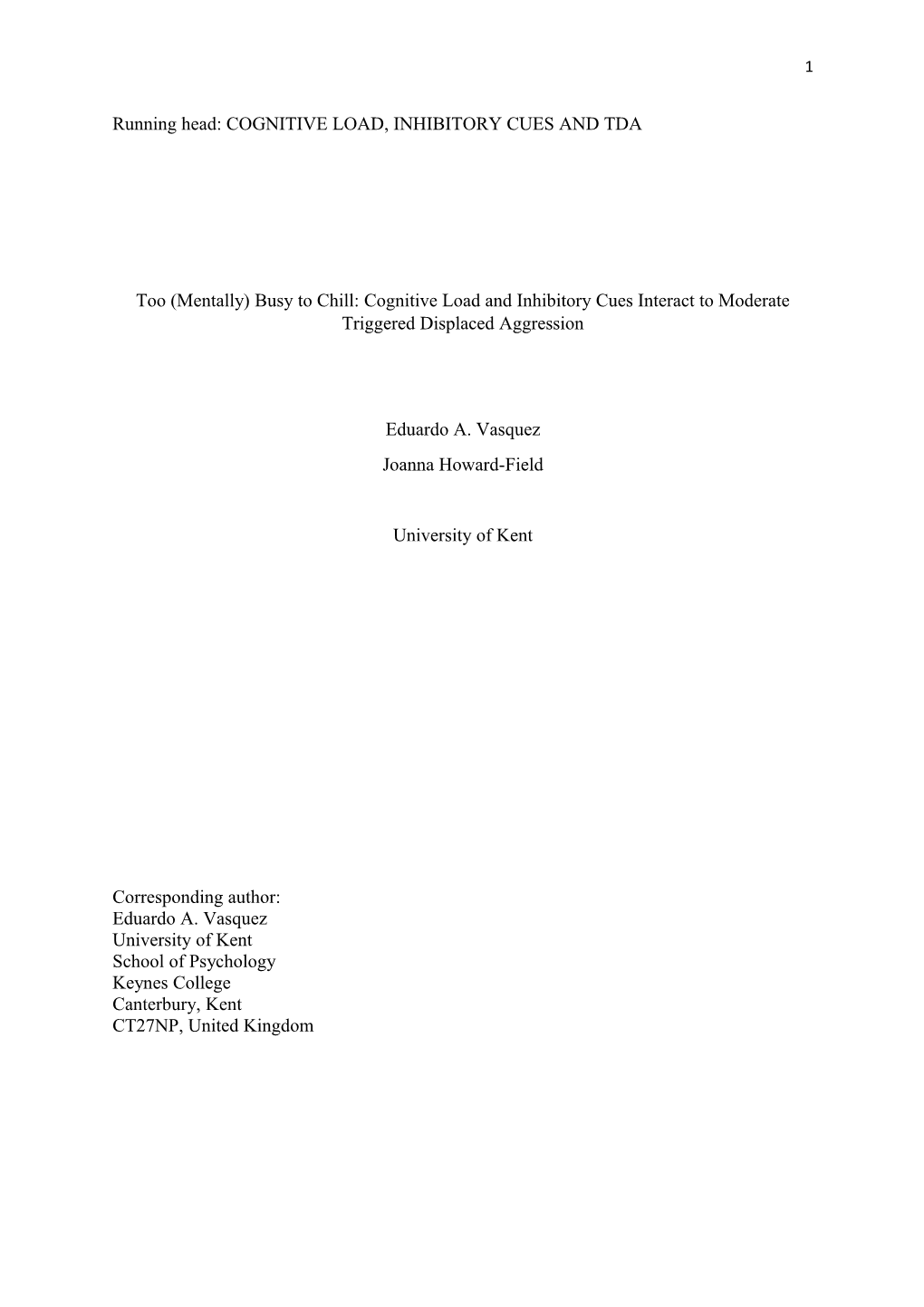 Running Head: COGNITIVE LOAD, INHIBITORY CUES and TDA