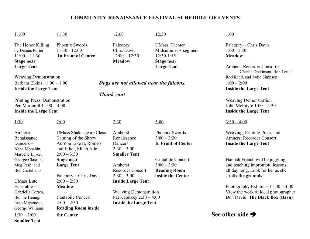 Community Renaissance Festival Schedule of Events