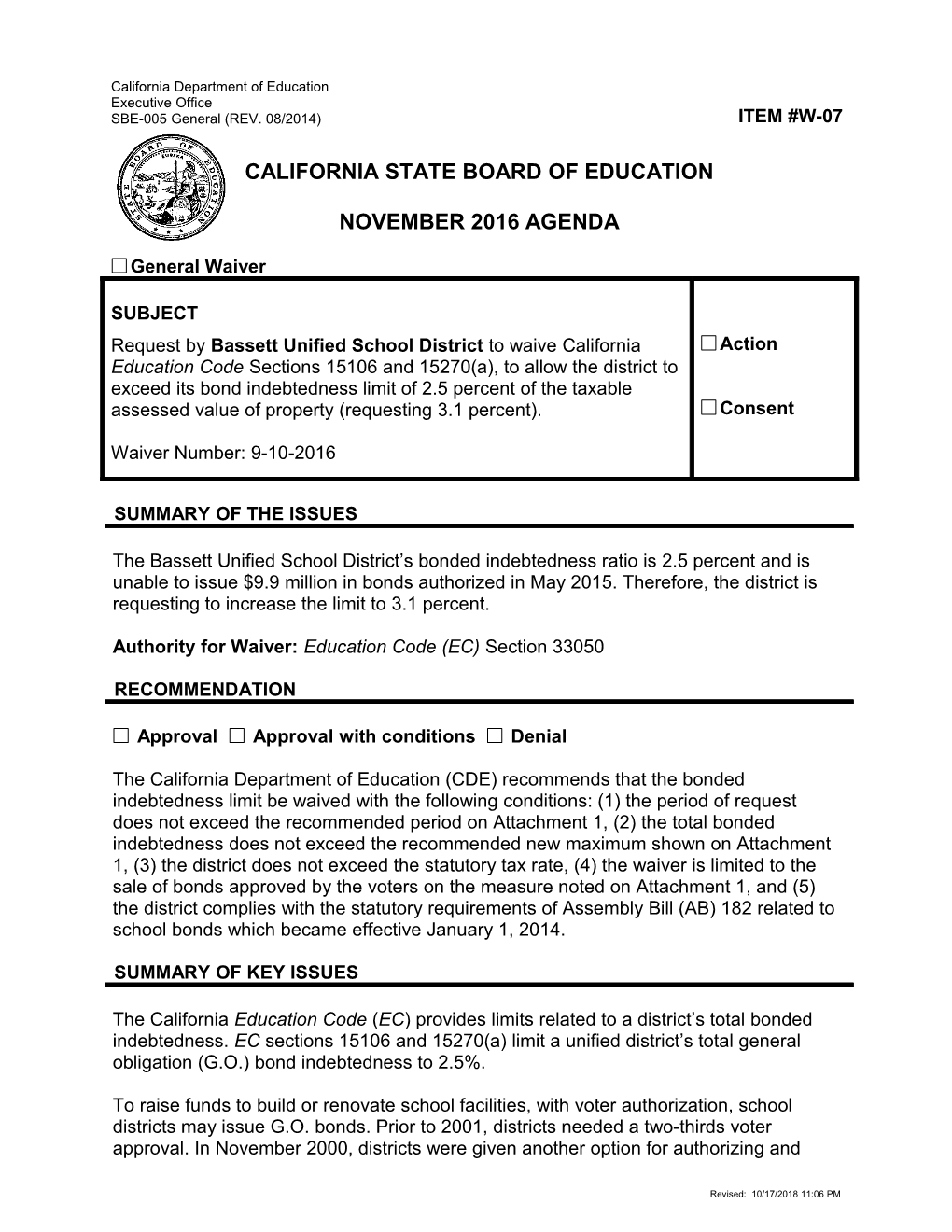 January 2017 Waiver Item W-07 - Meeting Agendas (CA State Board of Education)