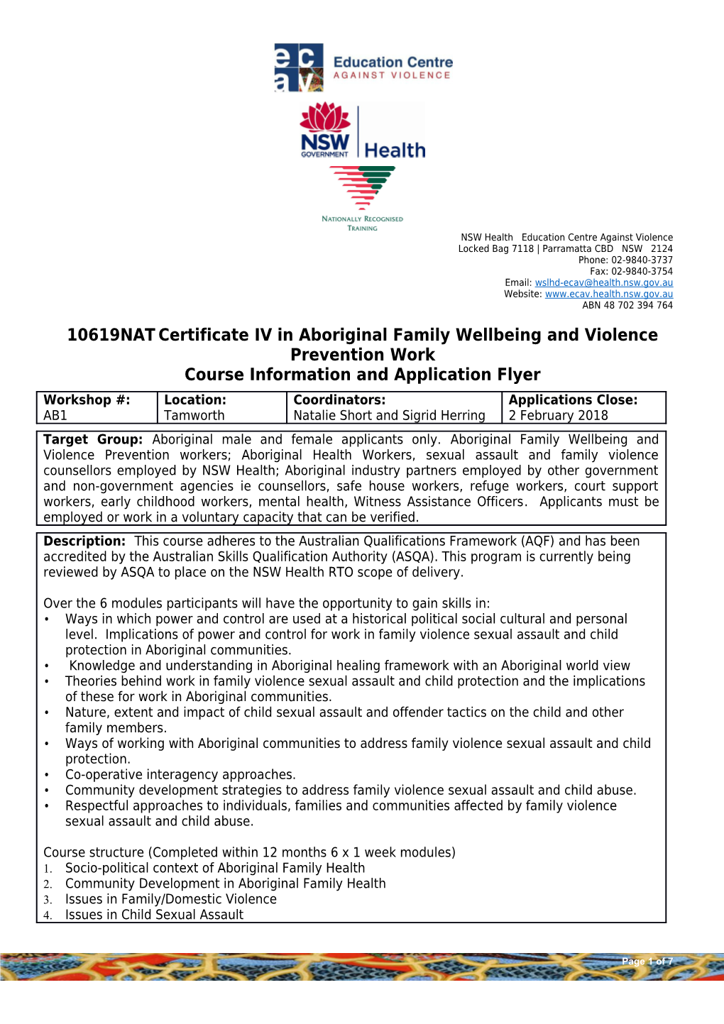 10619Natcertificate IV in Aboriginal Family Wellbeing and Violence Prevention Work