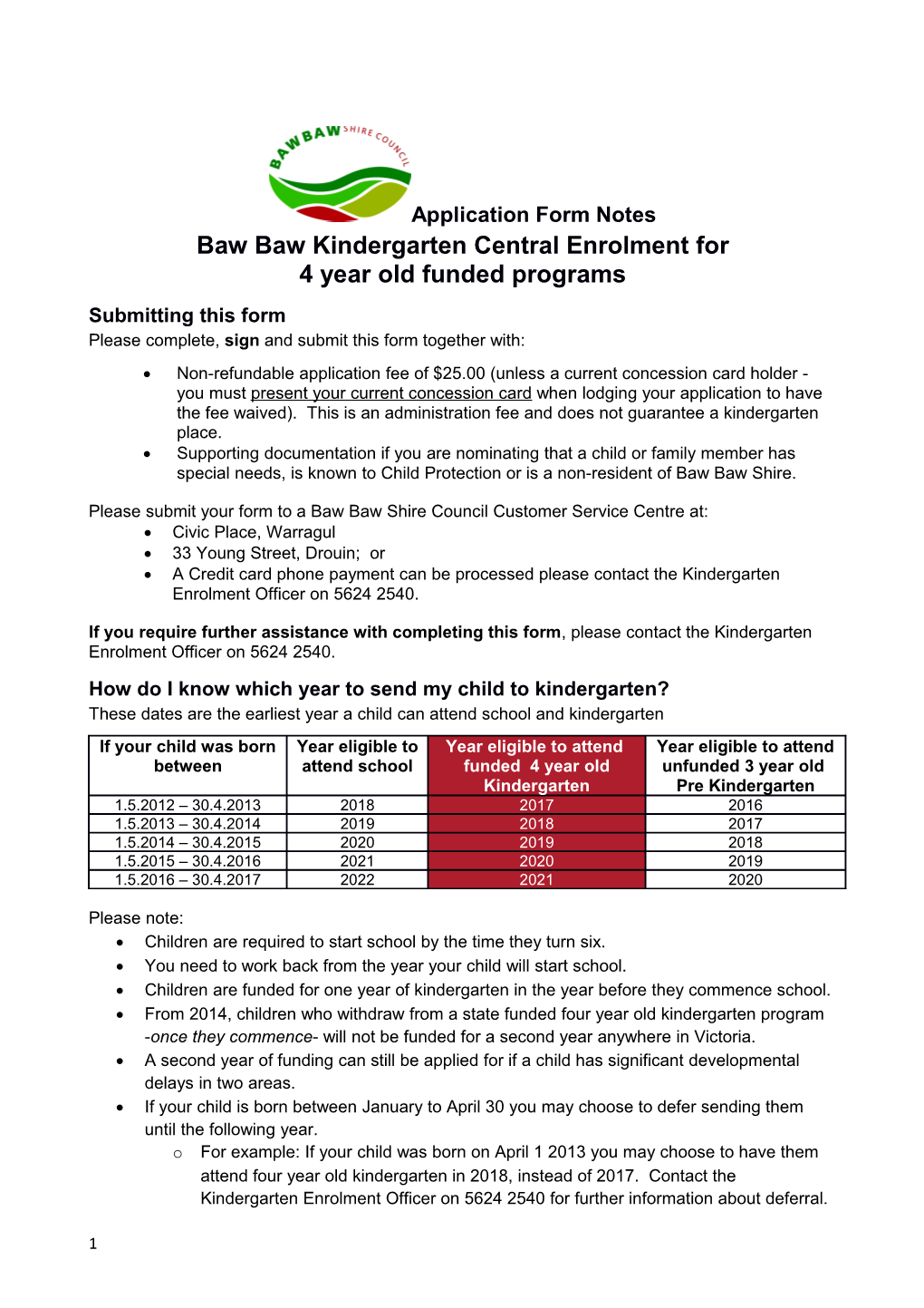 Baw Baw Kindergarten Central Enrolment For