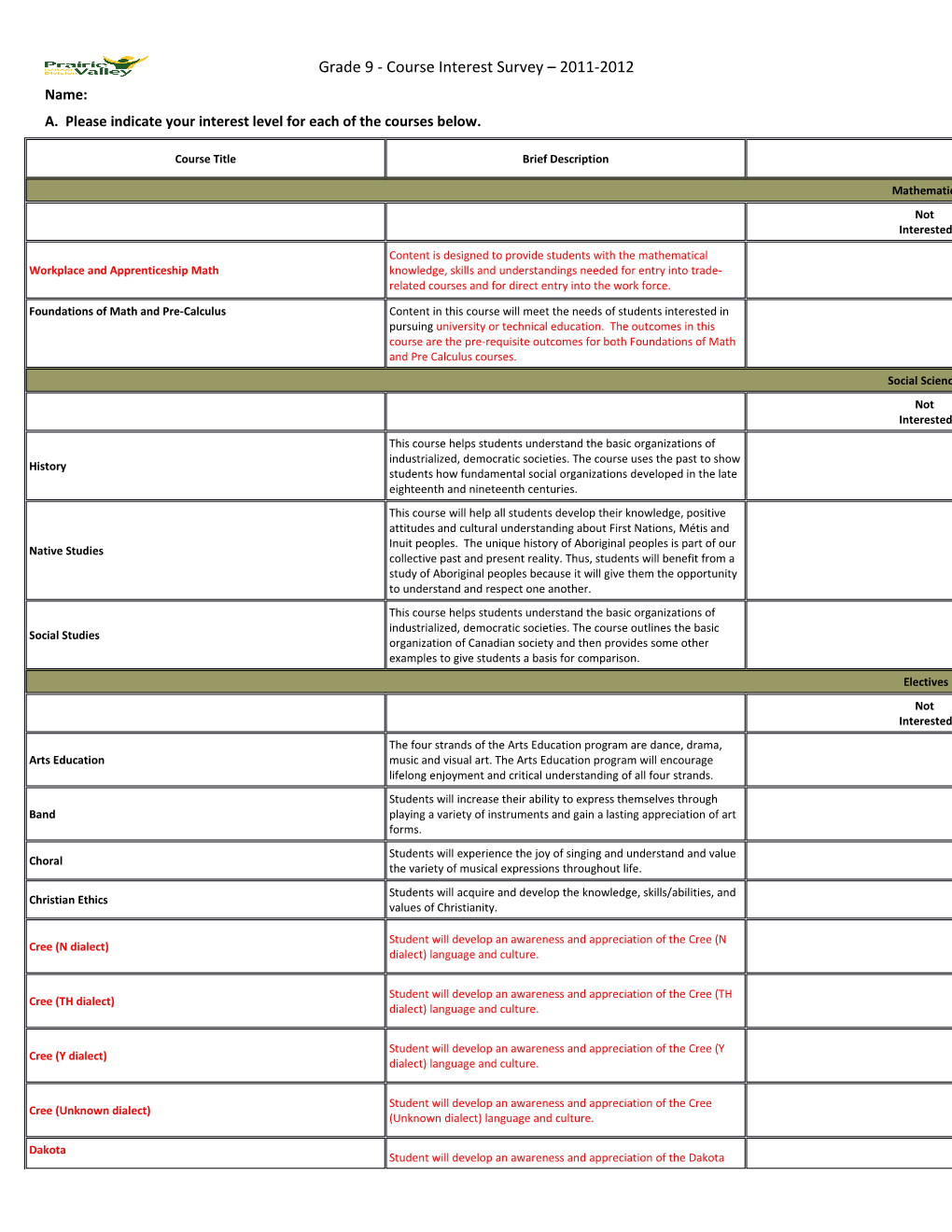 PVSD Interest Surve- Grade 9