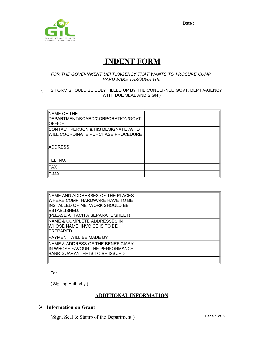 Indent Form for the Government Dept