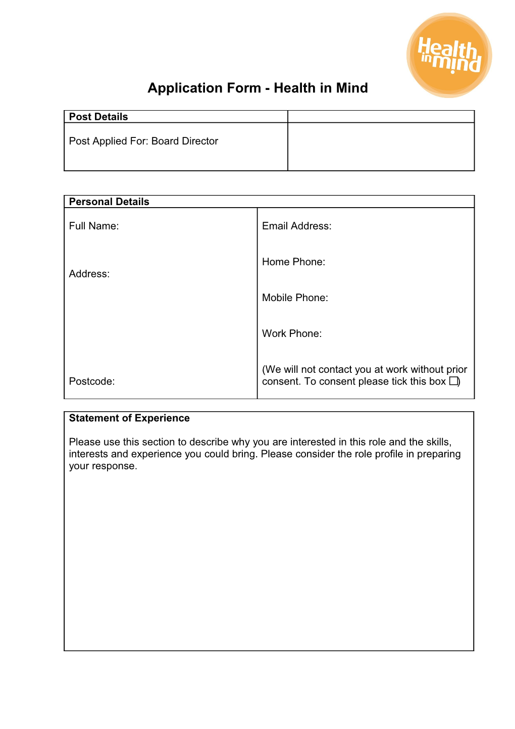 Application Form - Health in Mind