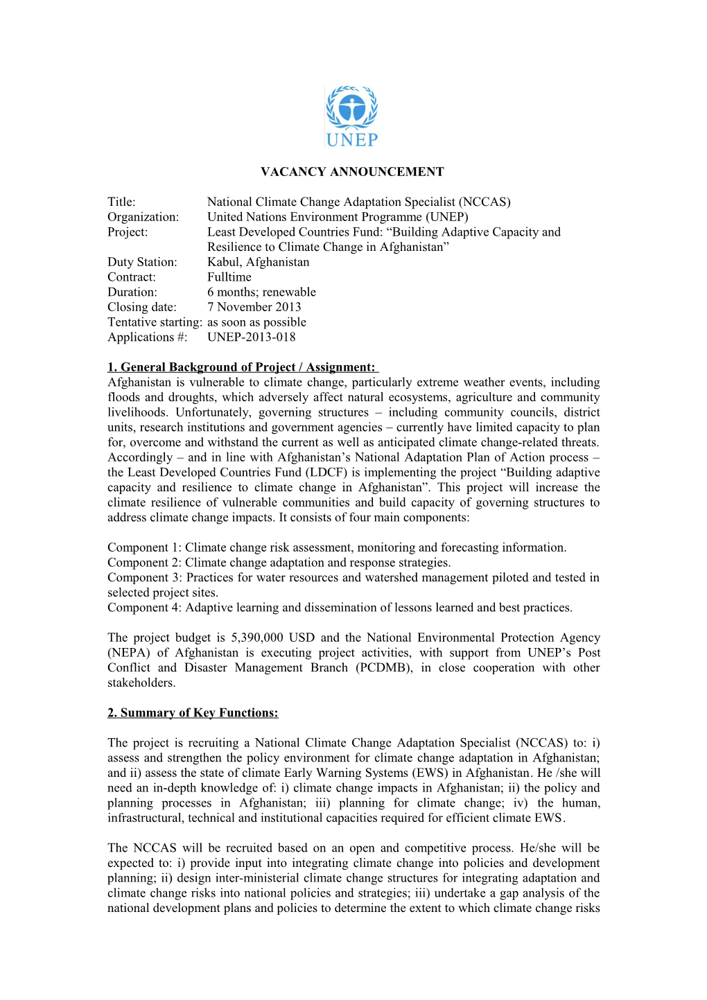 Title:National Climate Change Adaptation Specialist (NCCAS)