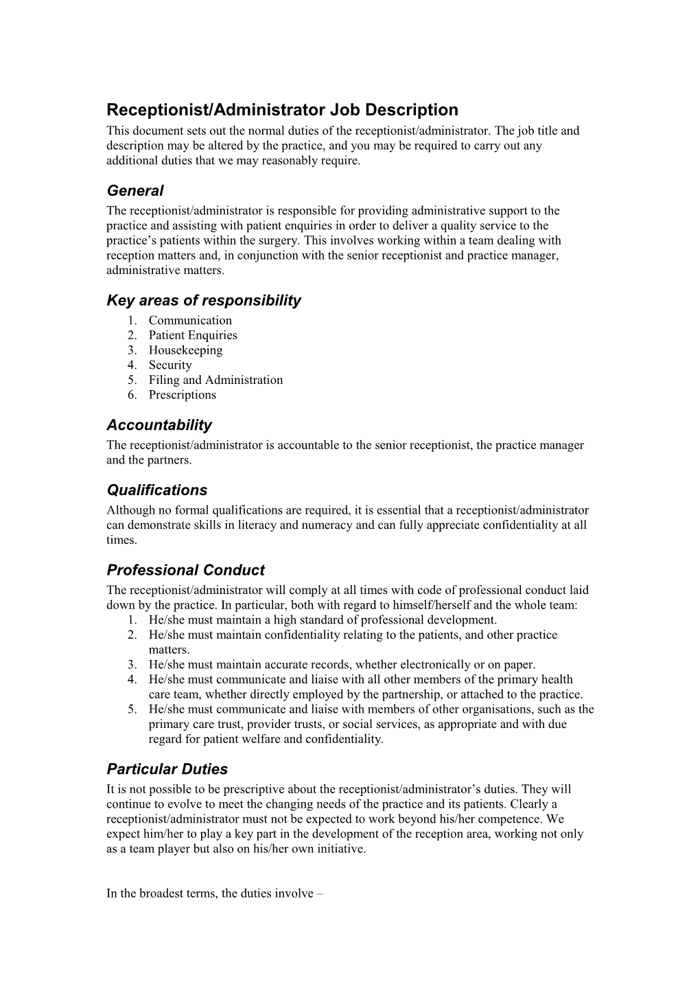 Practice Nurse Job Description